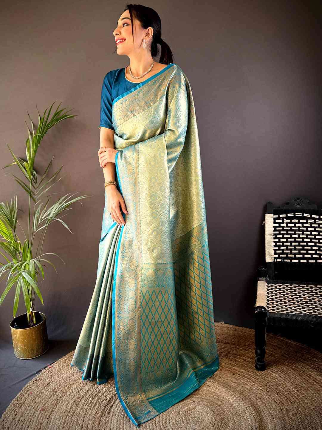Gold Zari Floral Saree in Rama by My Store