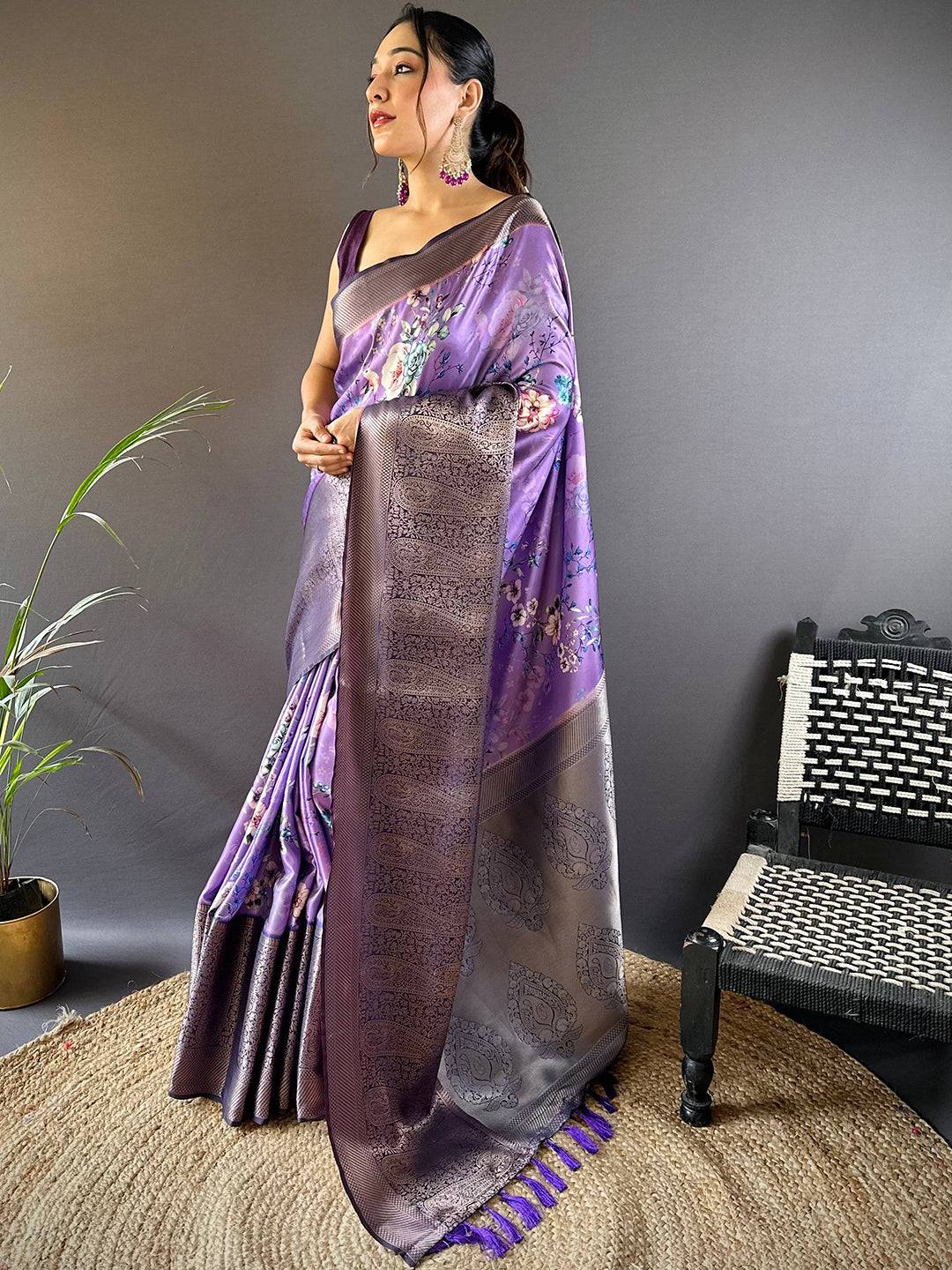 Lilac Purple Satin Silk Floral Print Saree by My Store
