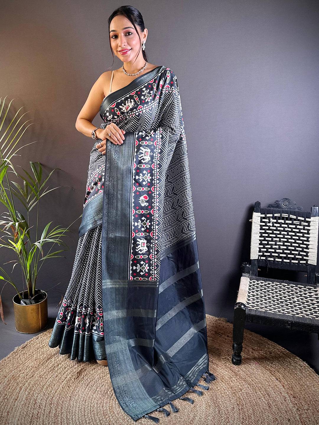 Grey Zig Zag Kalamkari Kanchi Silk Saree by My Store