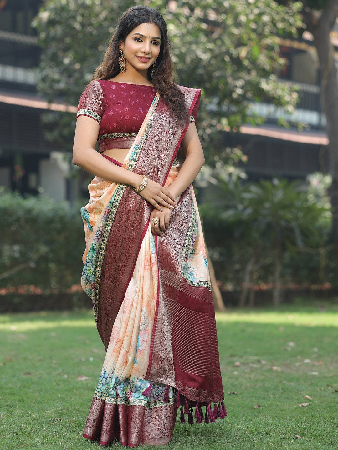 Peach Colour Phulkari Design Zari Weaving Pallu Saree - Luxe by My Store