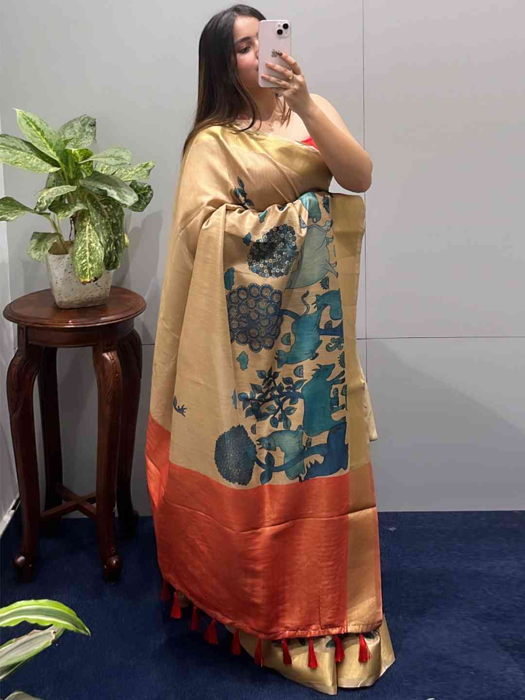 Incredible Pen Kalamkari Linen Tissue Soft Saree by My Store