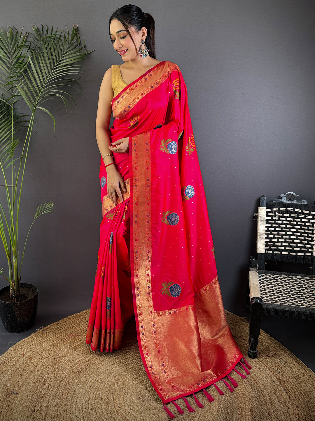 Pink Soft Silk Flowerport Minakari Saree by My Store