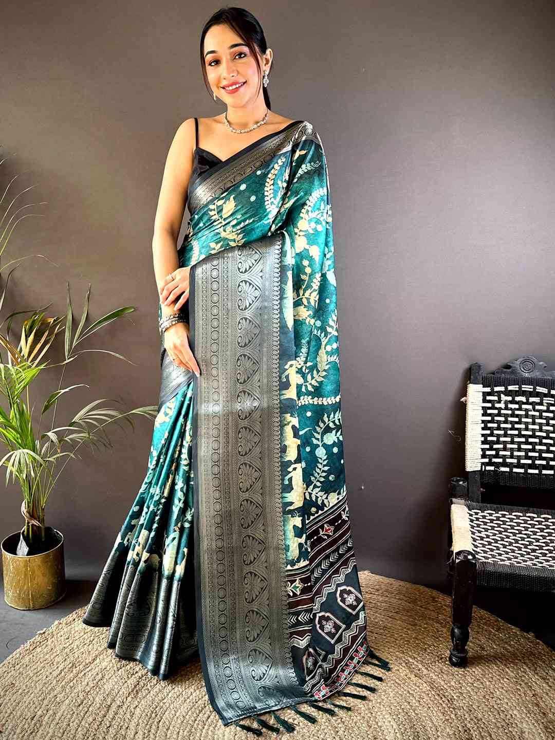 Teal Floral Animal Batik Soft Silk Saree by My Store