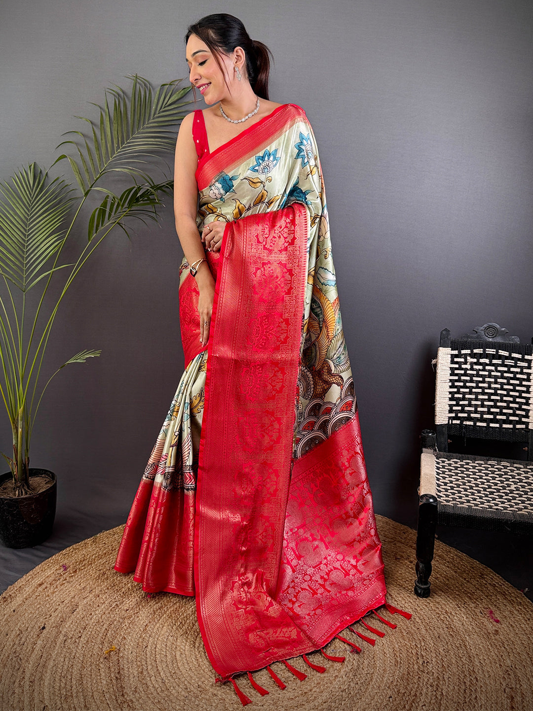 Ivory Kalamkari Printed Soft Satin Saree by My Store