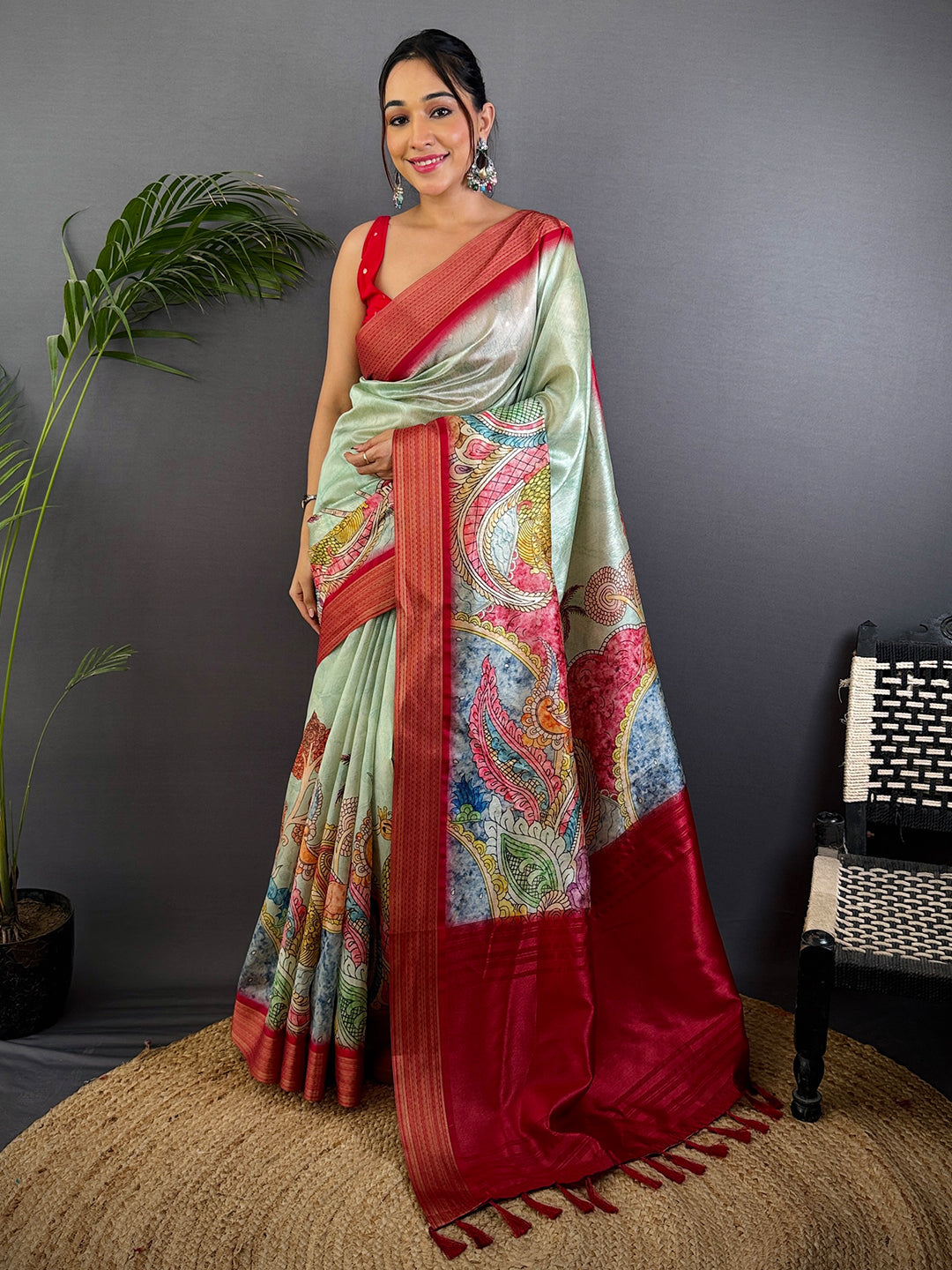 Turquoise Blue Tussar Silk Kalamkari Print Saree