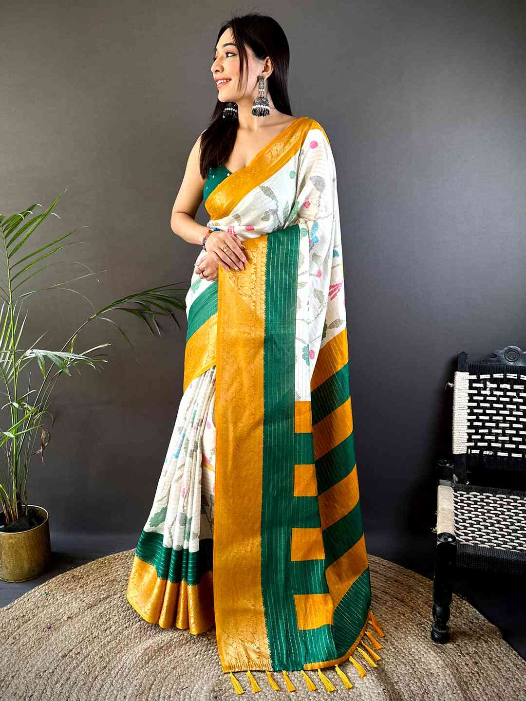 Mustard Dola Silk Bird Print Saree by My Store