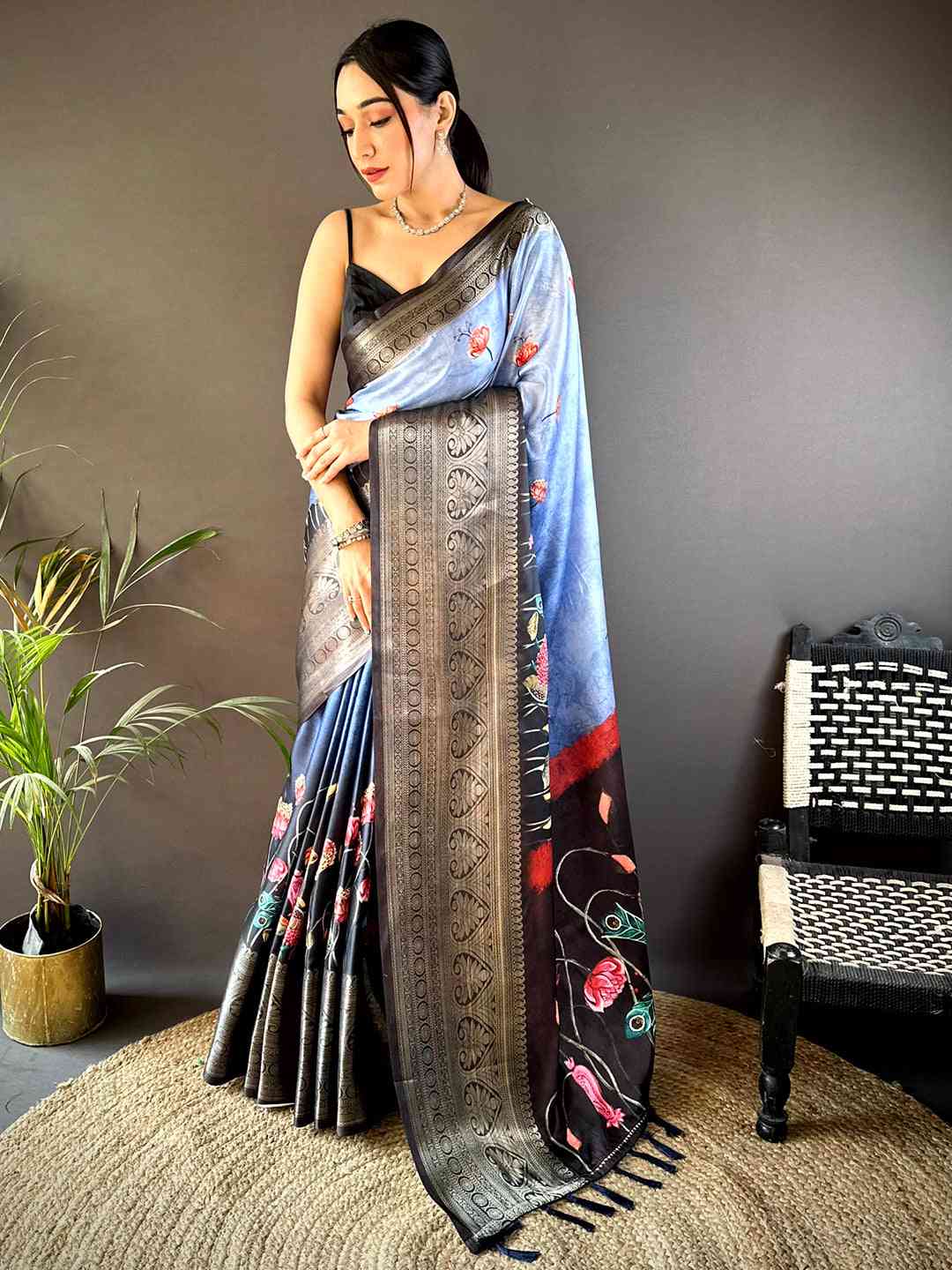 Serene Blue Soft Silk Floral Ombre Print Saree by My Store