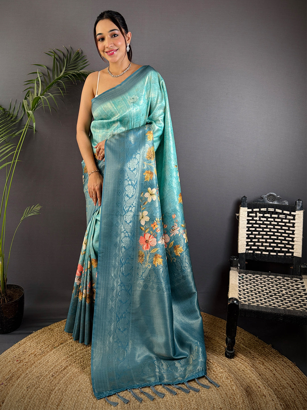 Denim Blue Kanjivaram Silk Digital Print Saree by My Store