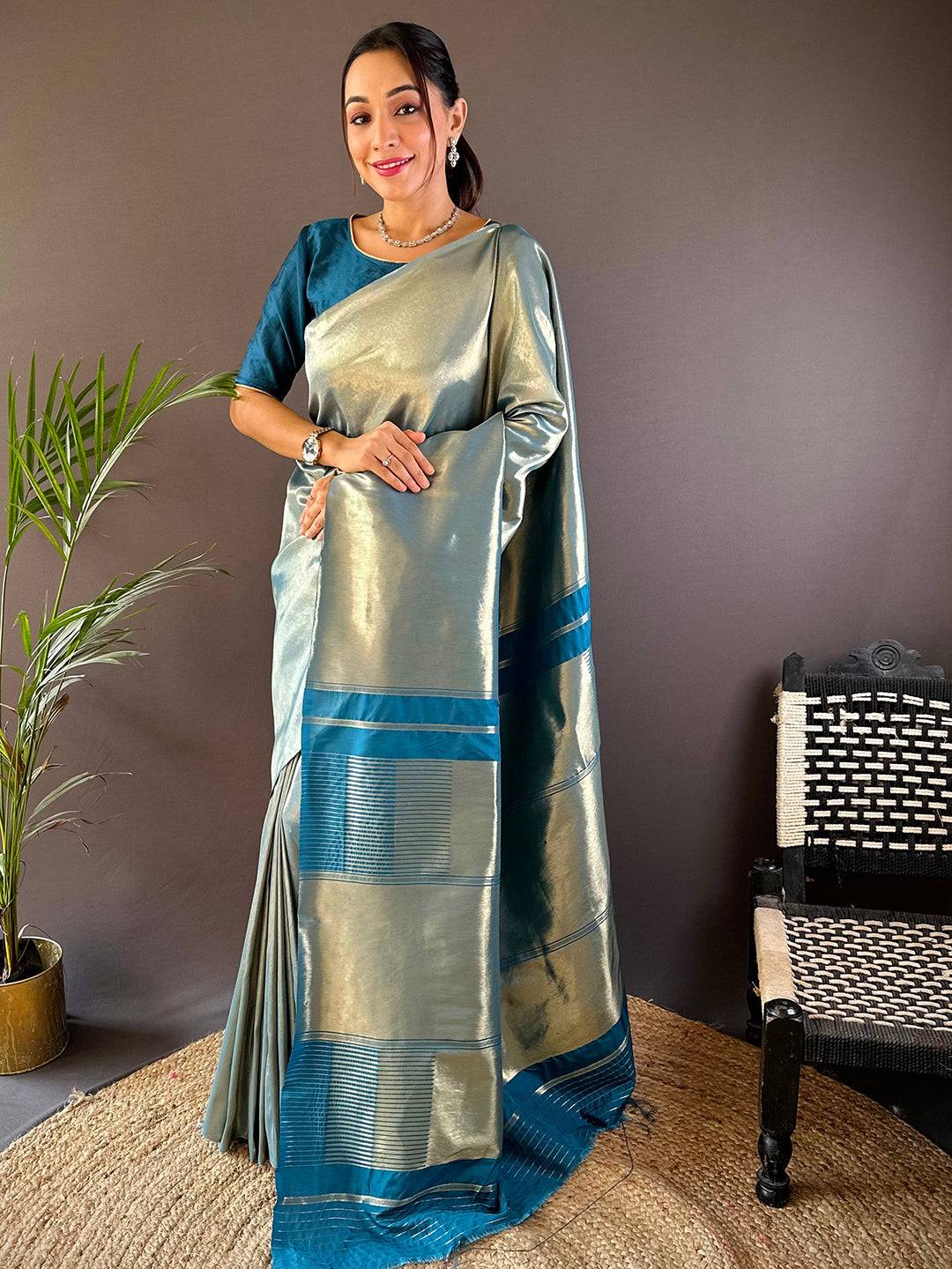 Teal Elegance Kanjivaram Saree by My Store