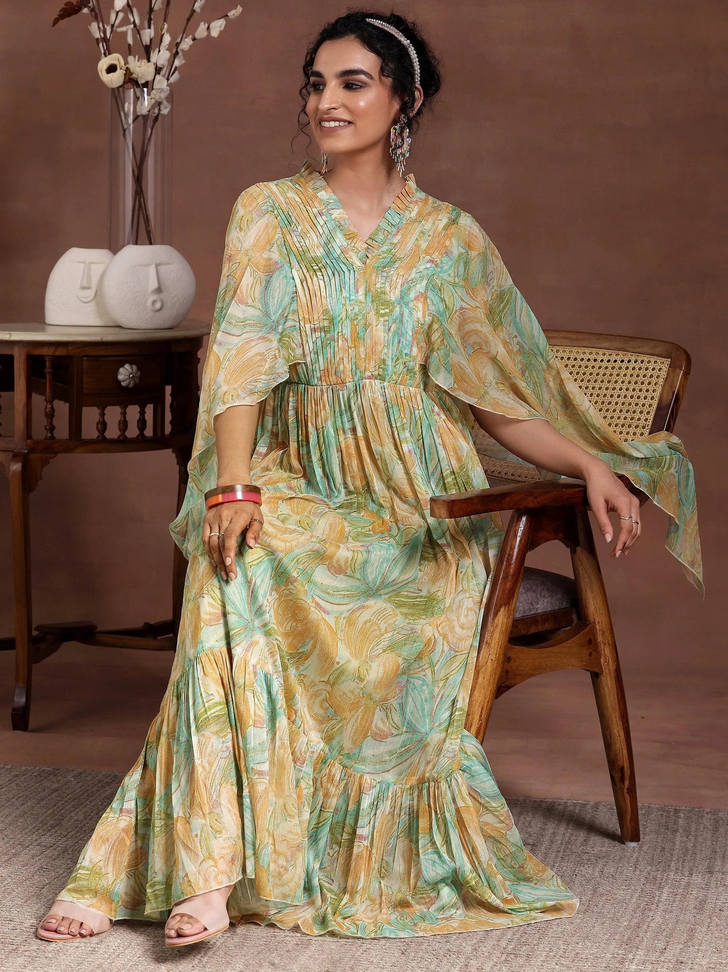 Green Printed Chiffon A-Line Dress by My Store