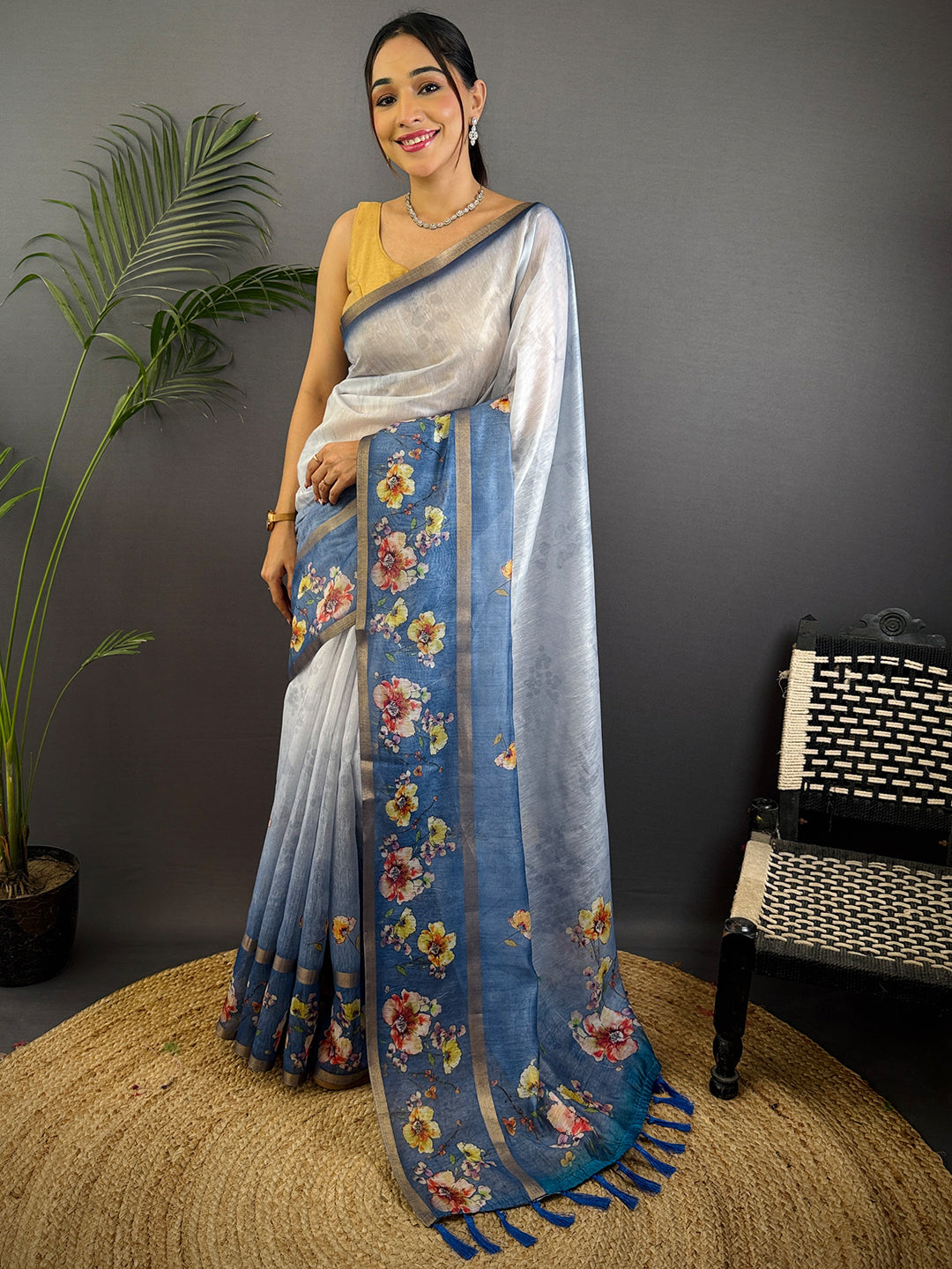 Denim Blue Linen Chanderi Floral Print Saree by My Store