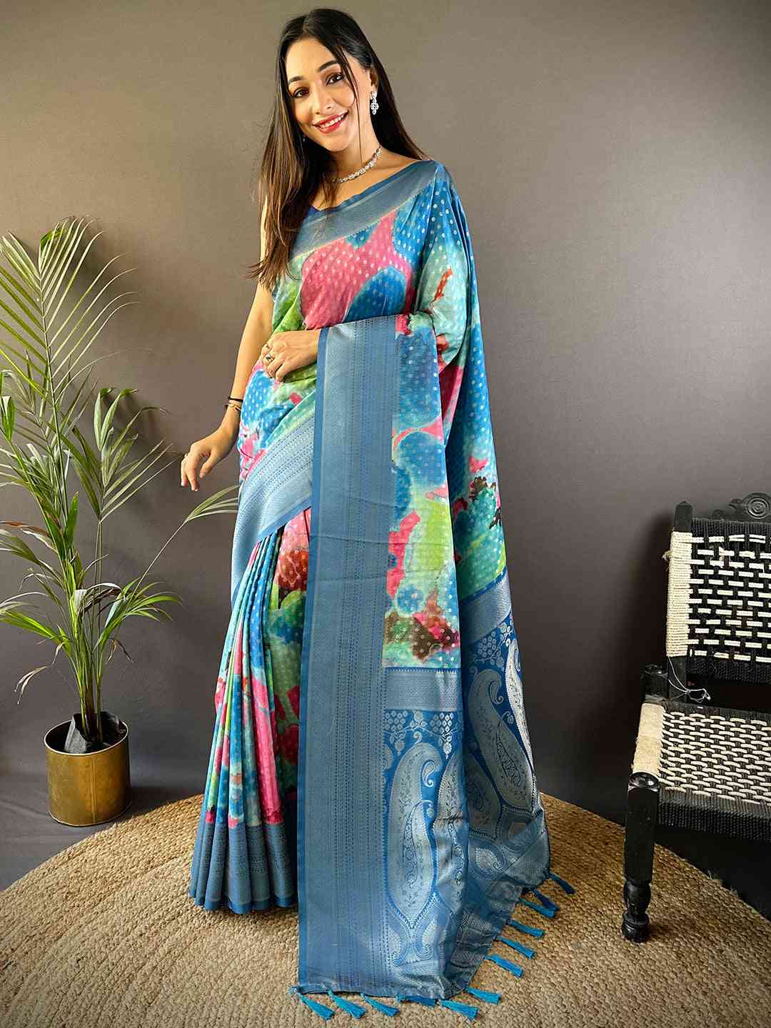Dark Blue Banarasi Ombre Print Saree by My Store