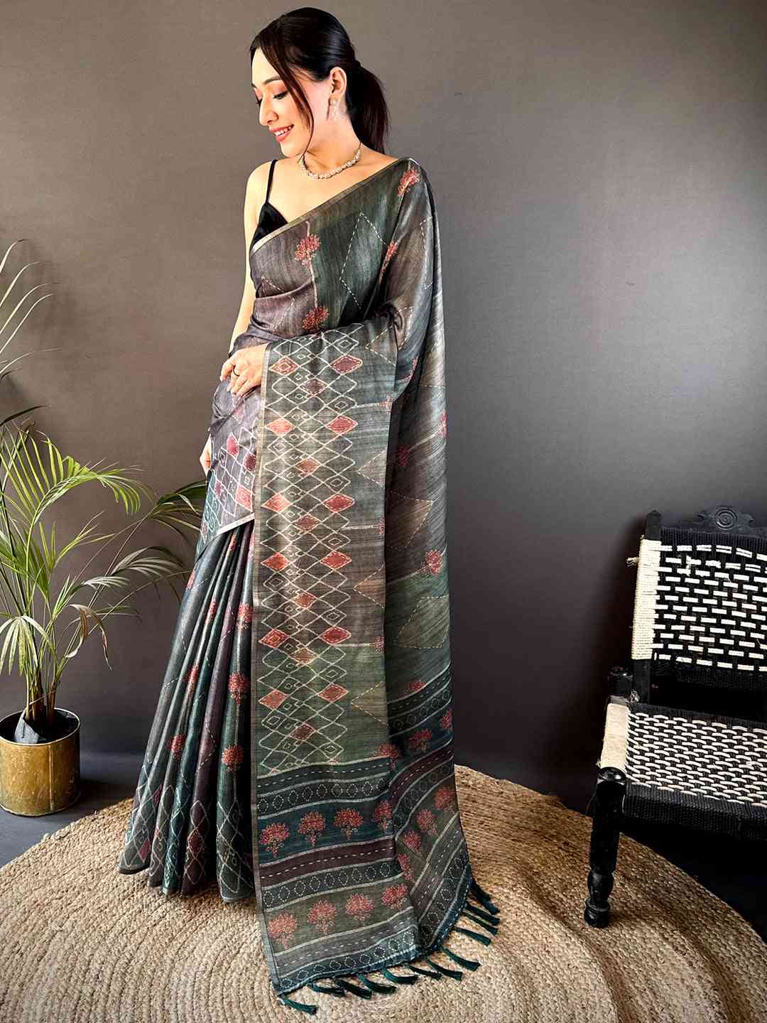 Grey Tissue Chanderi Geometric Floral Saree by My Store