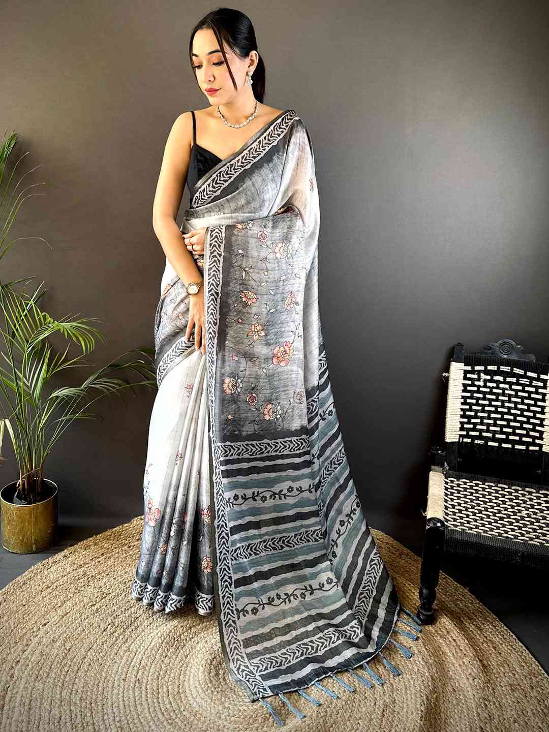 Grey Tissue Digital Print Saree by My Store