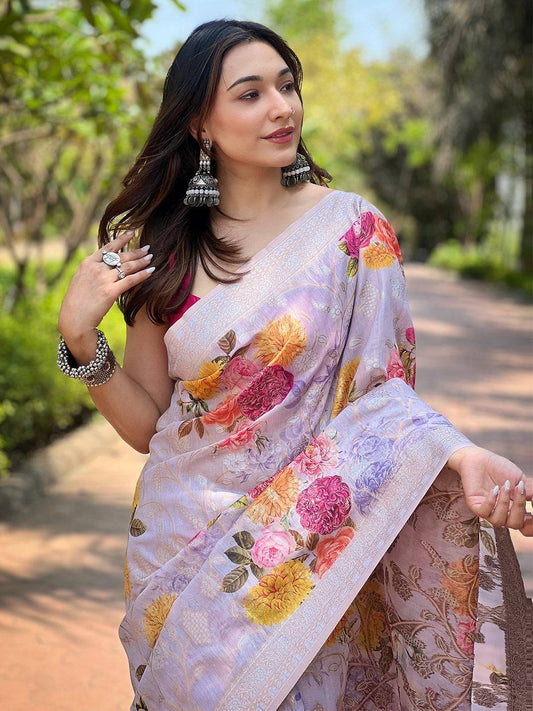 Lavender Lakhnavi Bandla Zari Weaving Saree by My Store