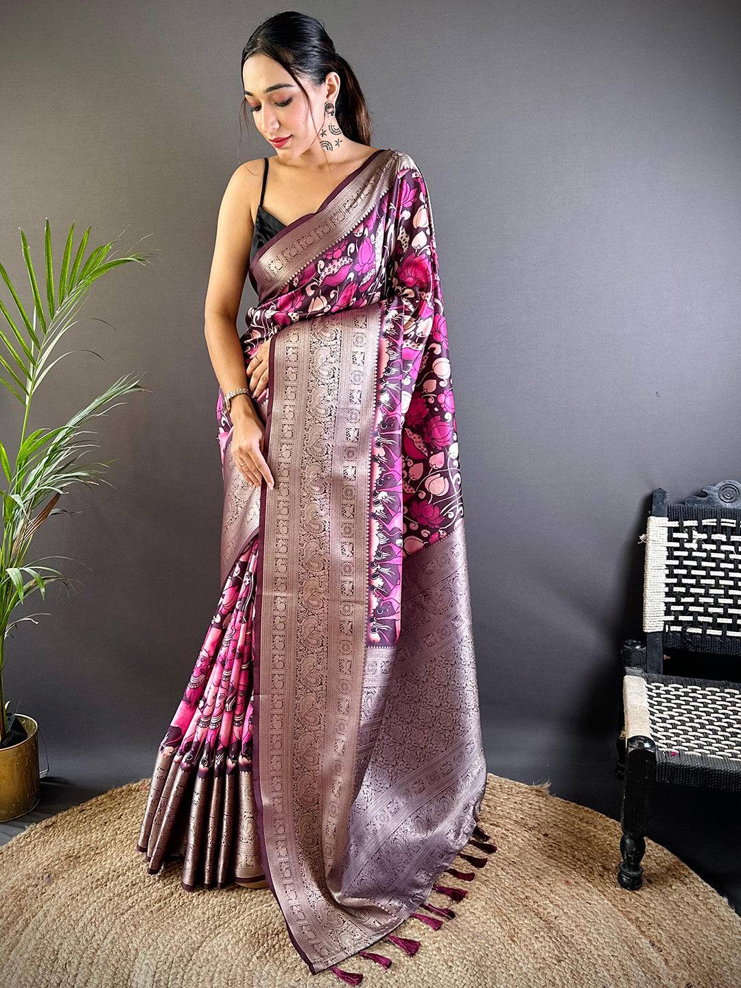 Rose Wine Soft Silk Kalamkari Saree by My Store
