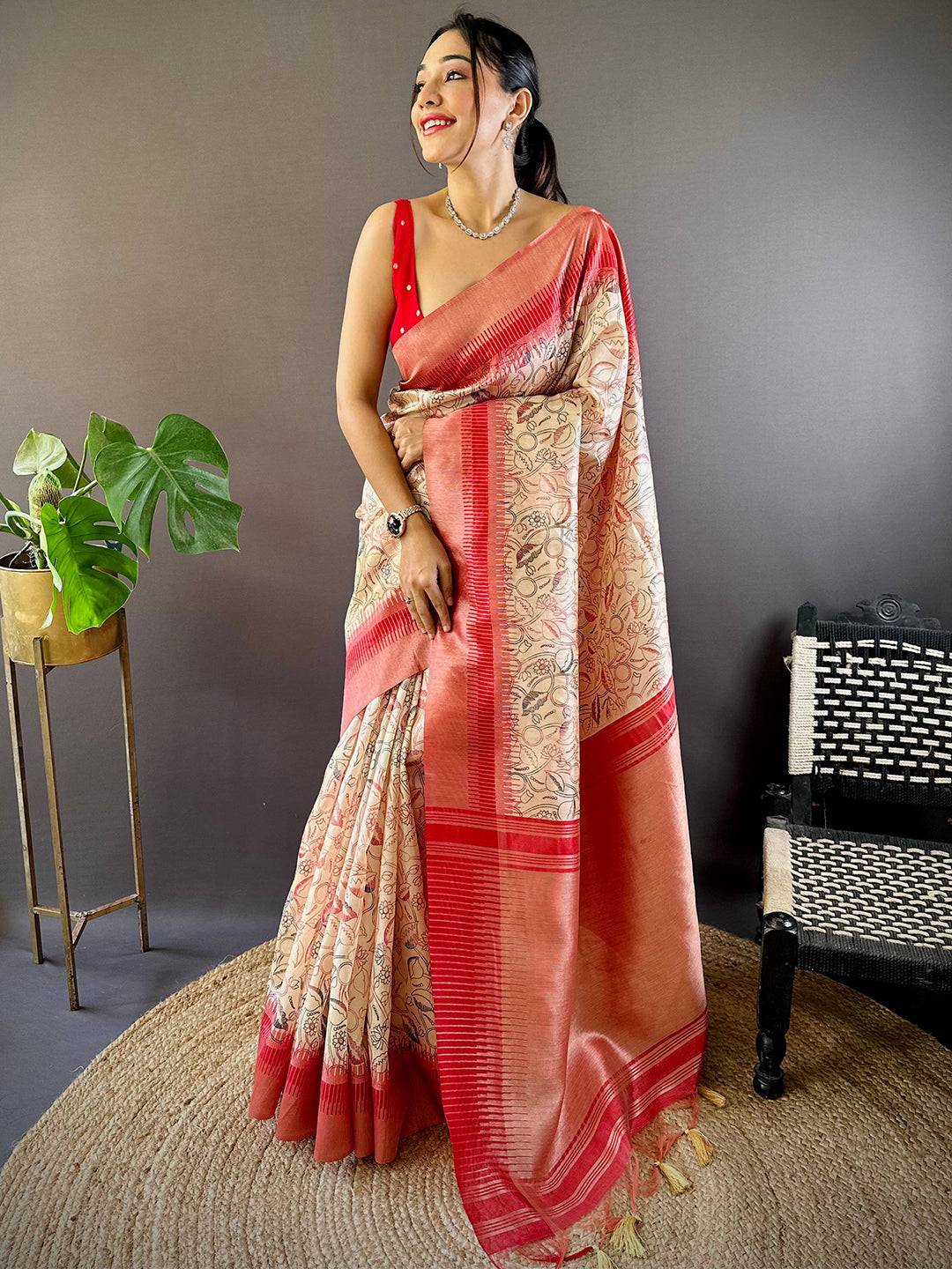 Off White Floral Tussar Silk Saree by My Store