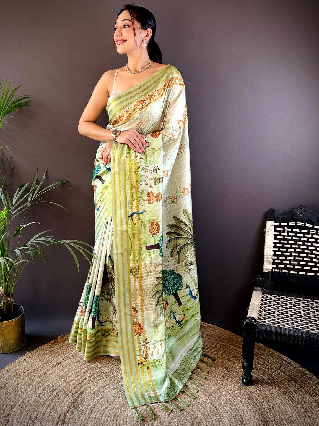 Elegant Soft Silk Pista Pichwai Prints Saree by My Store