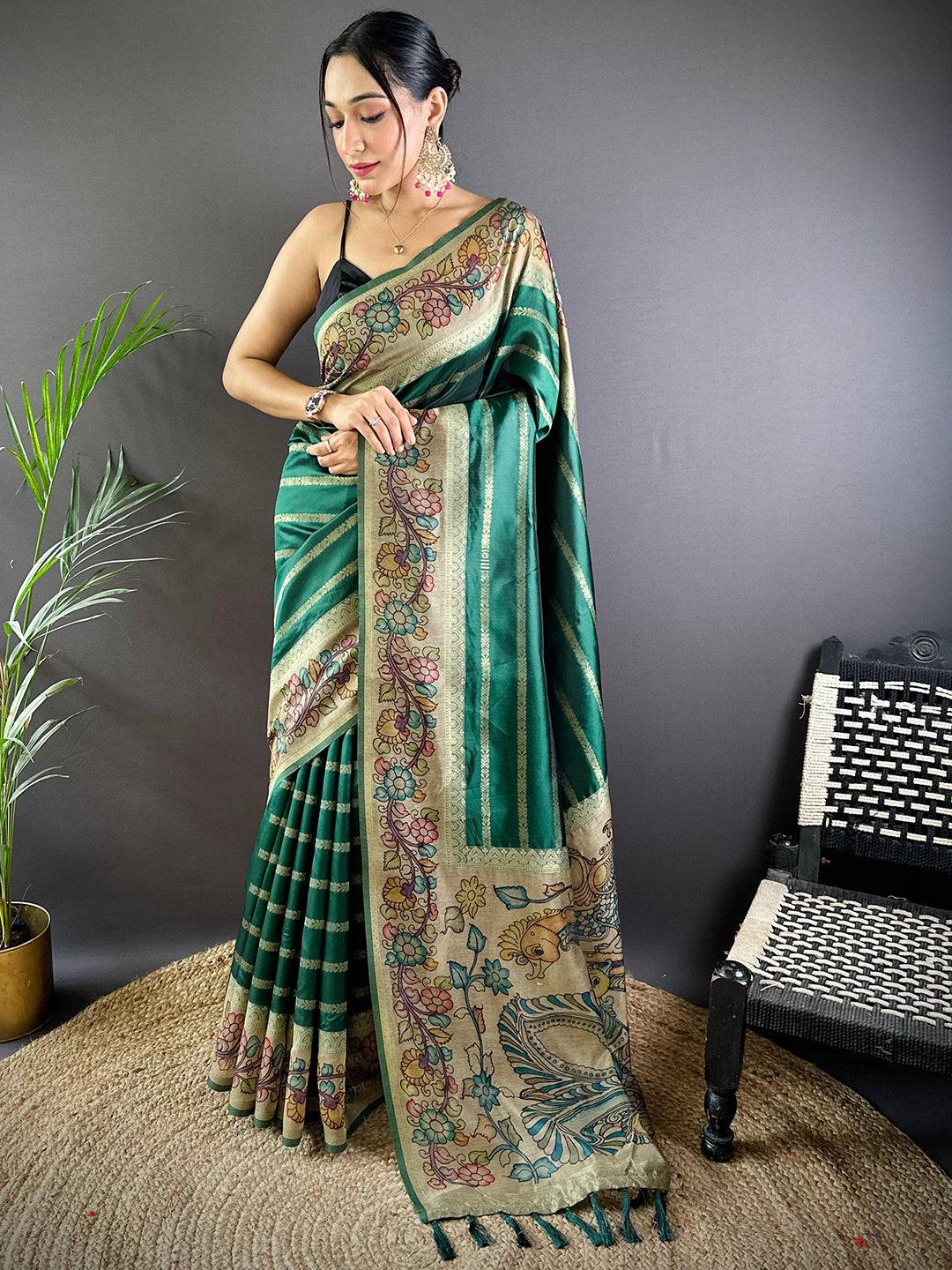 Green Geometric Zari And Kalamkari Silk Saree by My Store