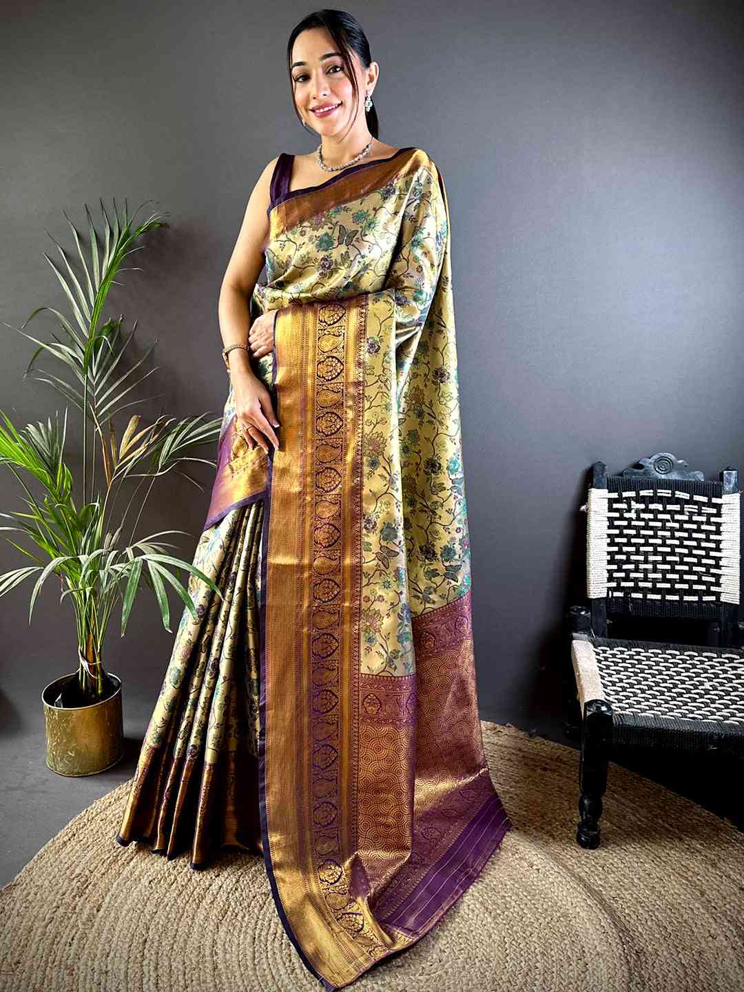 Graceful Brown Butterfly Floral Dharmavaram Saree by My Store