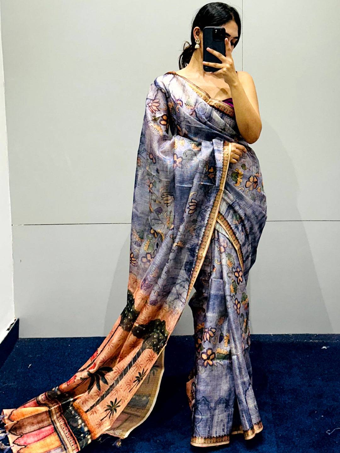Blue Kota Doriya Silk Saree With Floral Print