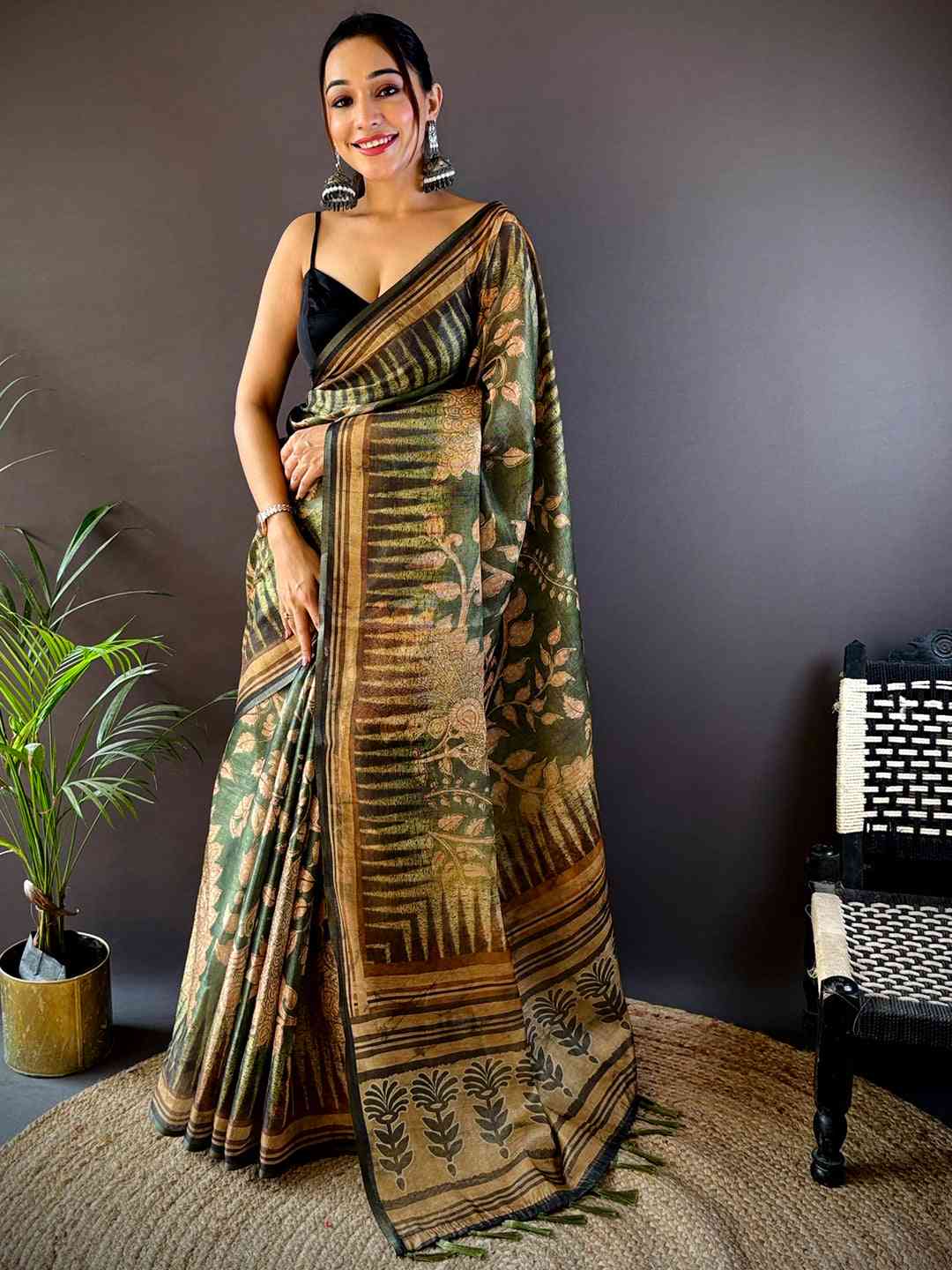 Olive Green Floral Stripes Tissue Saree by My Store