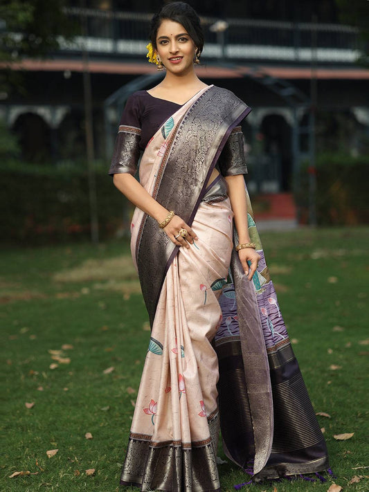 Peach Colour Batik Pen kalamkari Saree With Zari Weaving Pallu - Luxe by My Store
