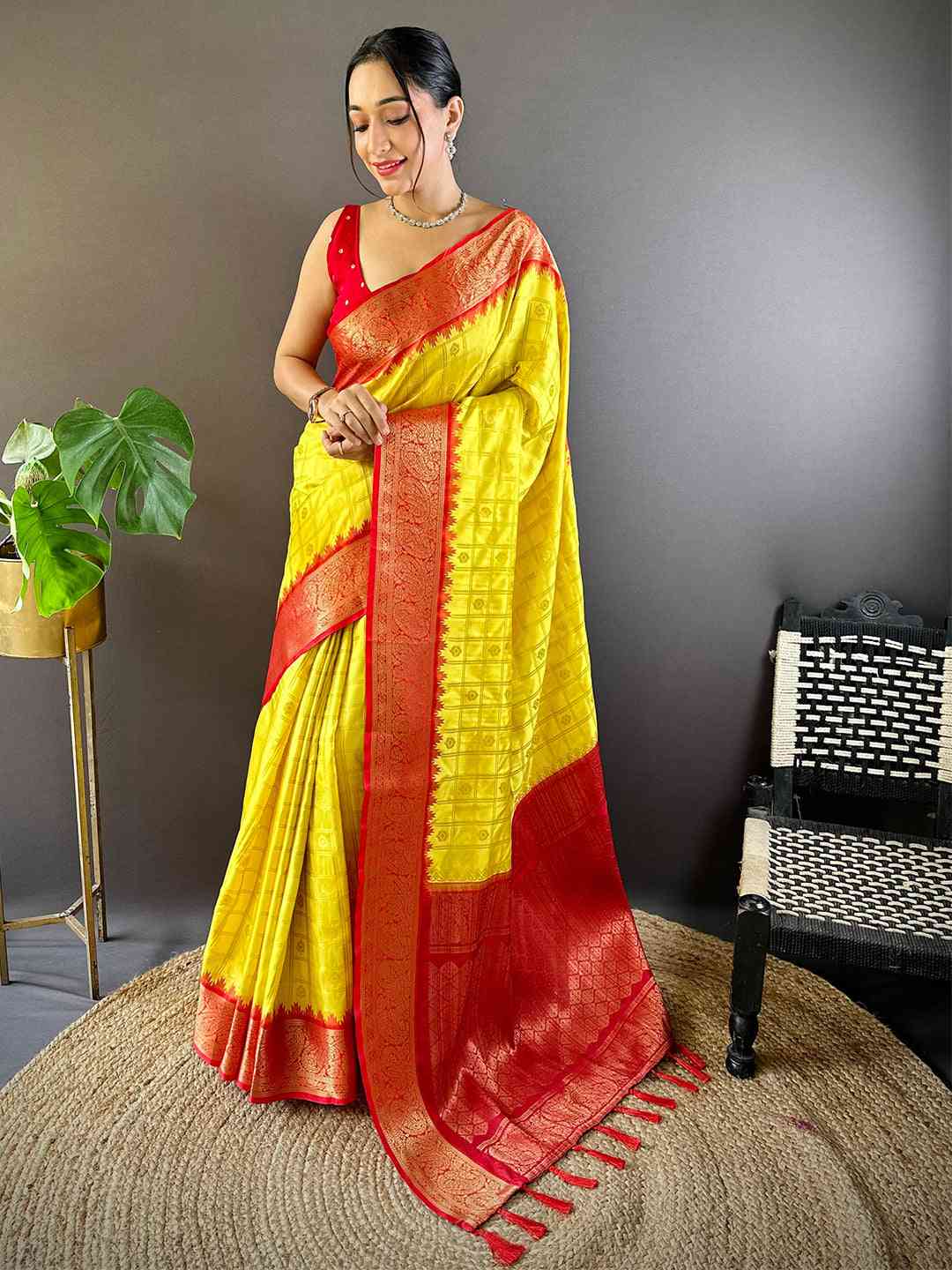 Sunshine Yellow Kovai Banarasi Silk Saree by My Store