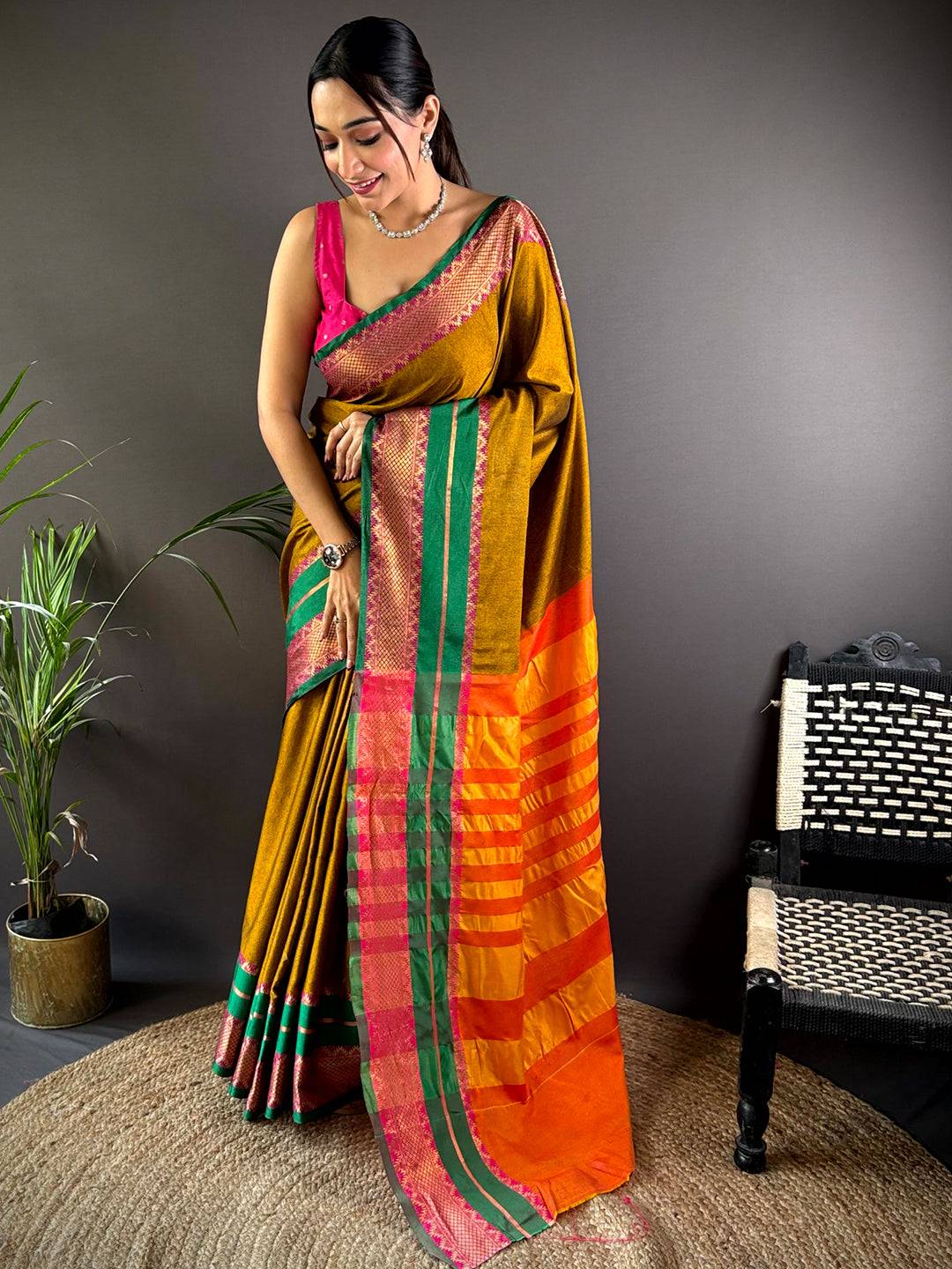 Gold Zari Green Accent Saree