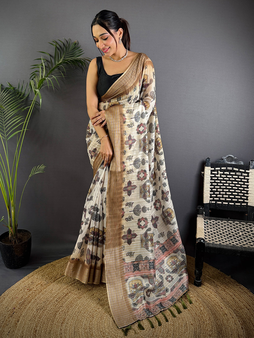 Ivory Linen Digital Printed Saree by My Store