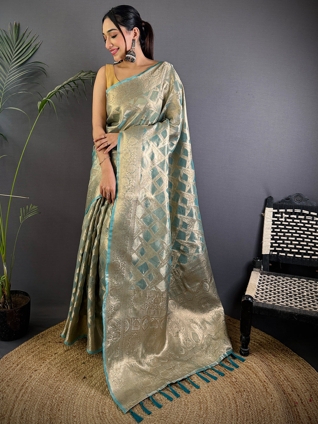 Blue Tissue Jarokha Zari Weaving Saree by My Store