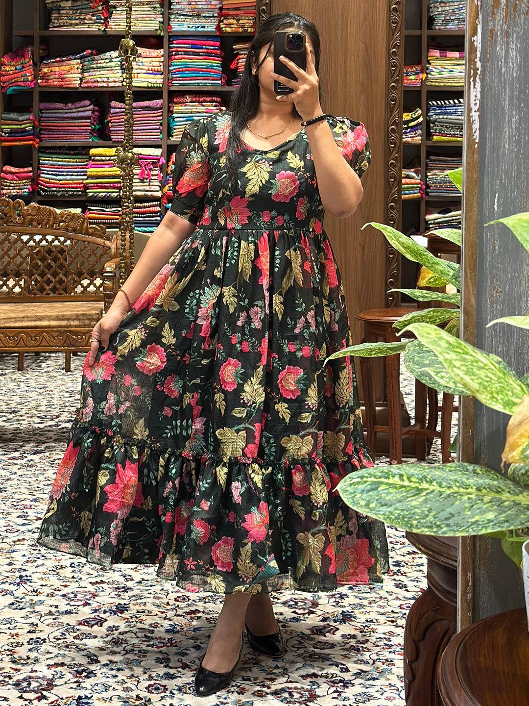 Revan Black Floral Print Midi Dress by My Store