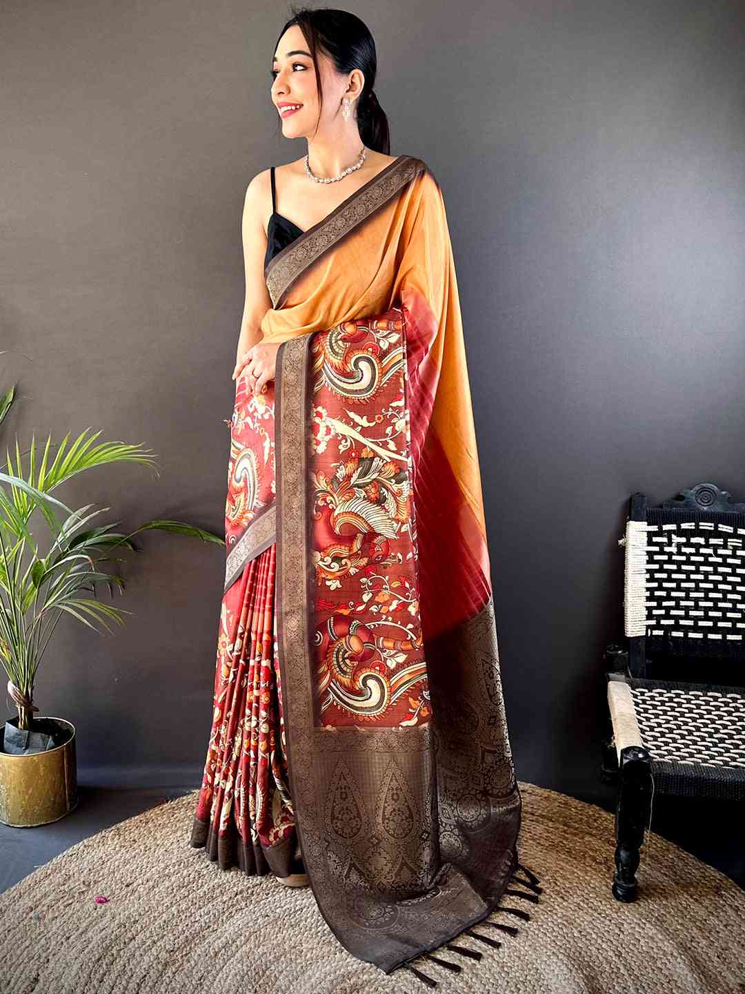 Merigold Kalamkari Ombre Soft Silk Saree by My Store