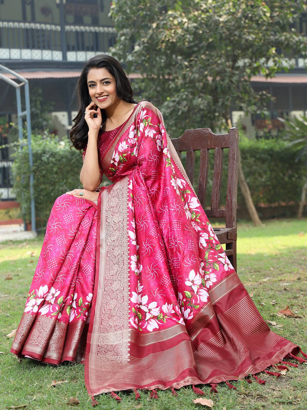 Pink Pure Viscose Dola Silk Saree With Floral Print Border - Luxe by My Store