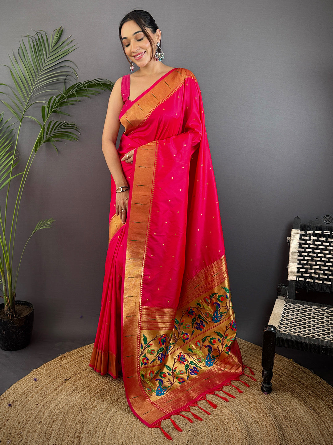 Rani Pink Yeola Paithani Soft Silk Saree by My Store