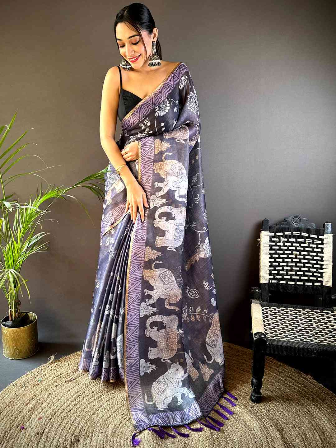 Purple Kalamkari Block Print Chanderi Saree by My Store