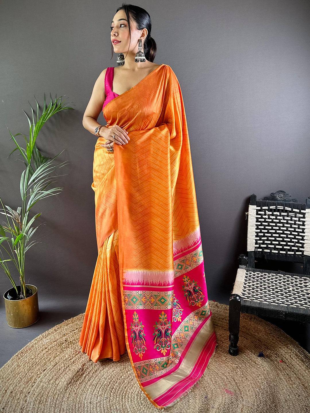 Orange Leheriya Gamthi Silk Sarees by My Store