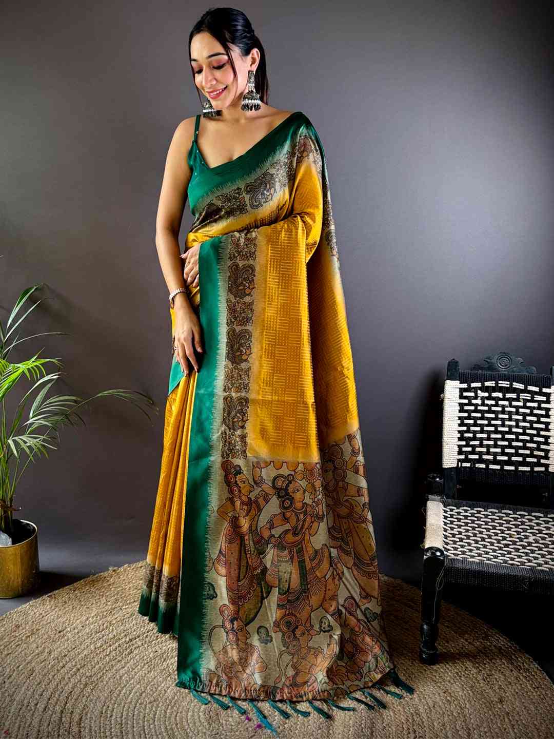 Mustard Soft Silk Kalamkari Pallu Saree by My Store