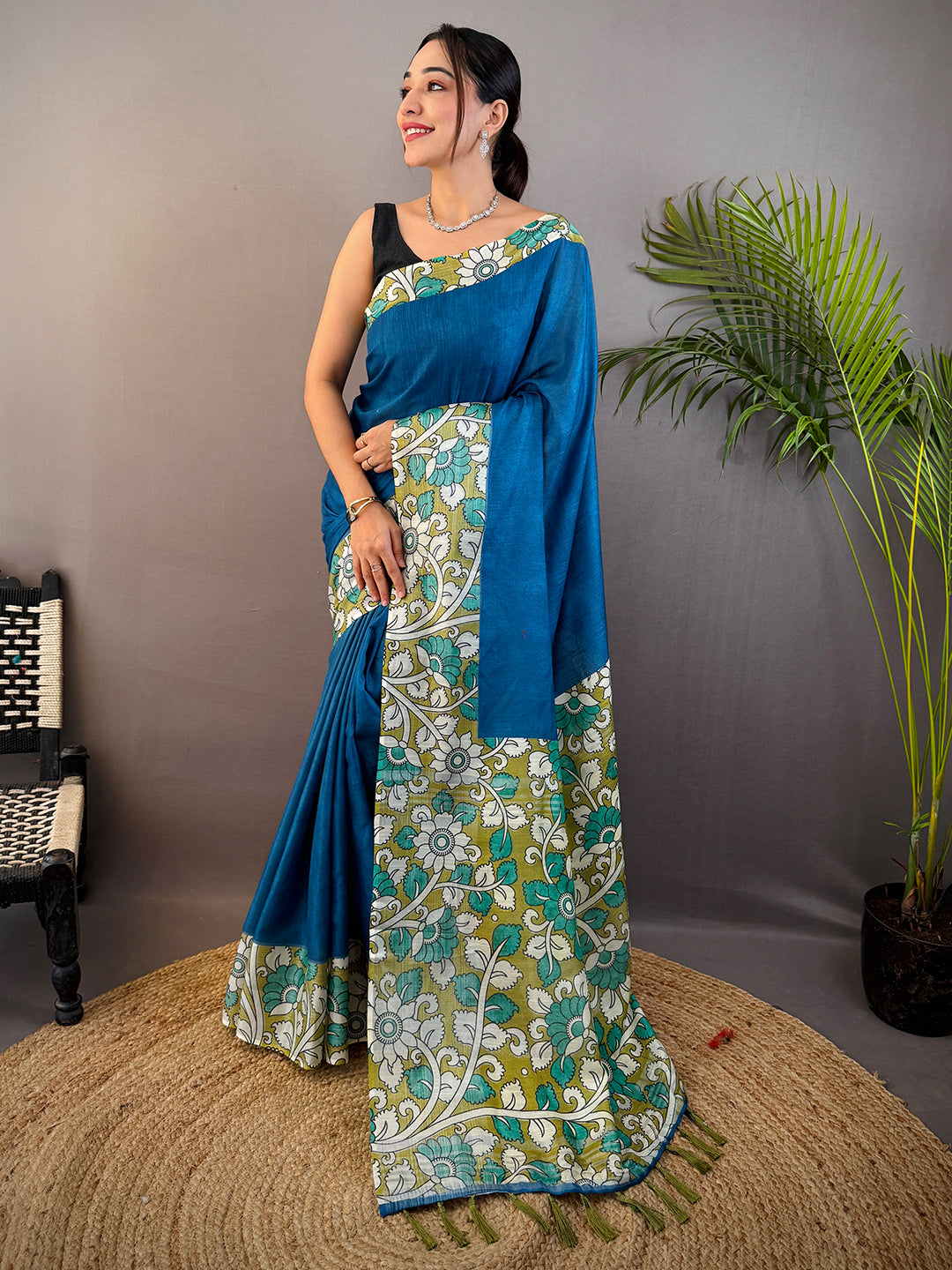 Teal Linen Kalamkari Print Saree by My Store