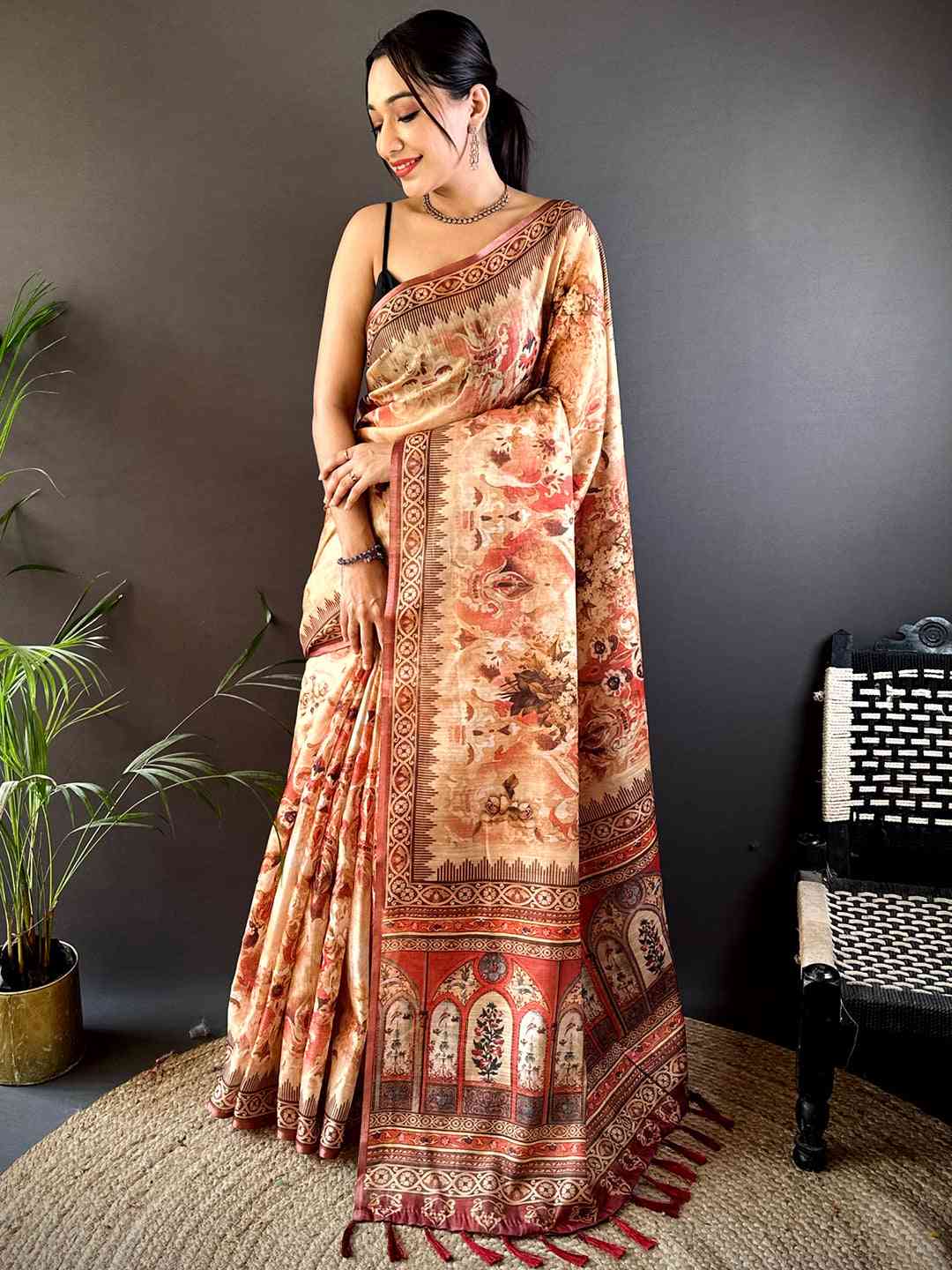 Red Tussar Blossom Saree by My Store
