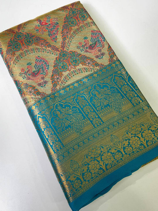 Majestic Rama And Gold Peacock Saree by My Store