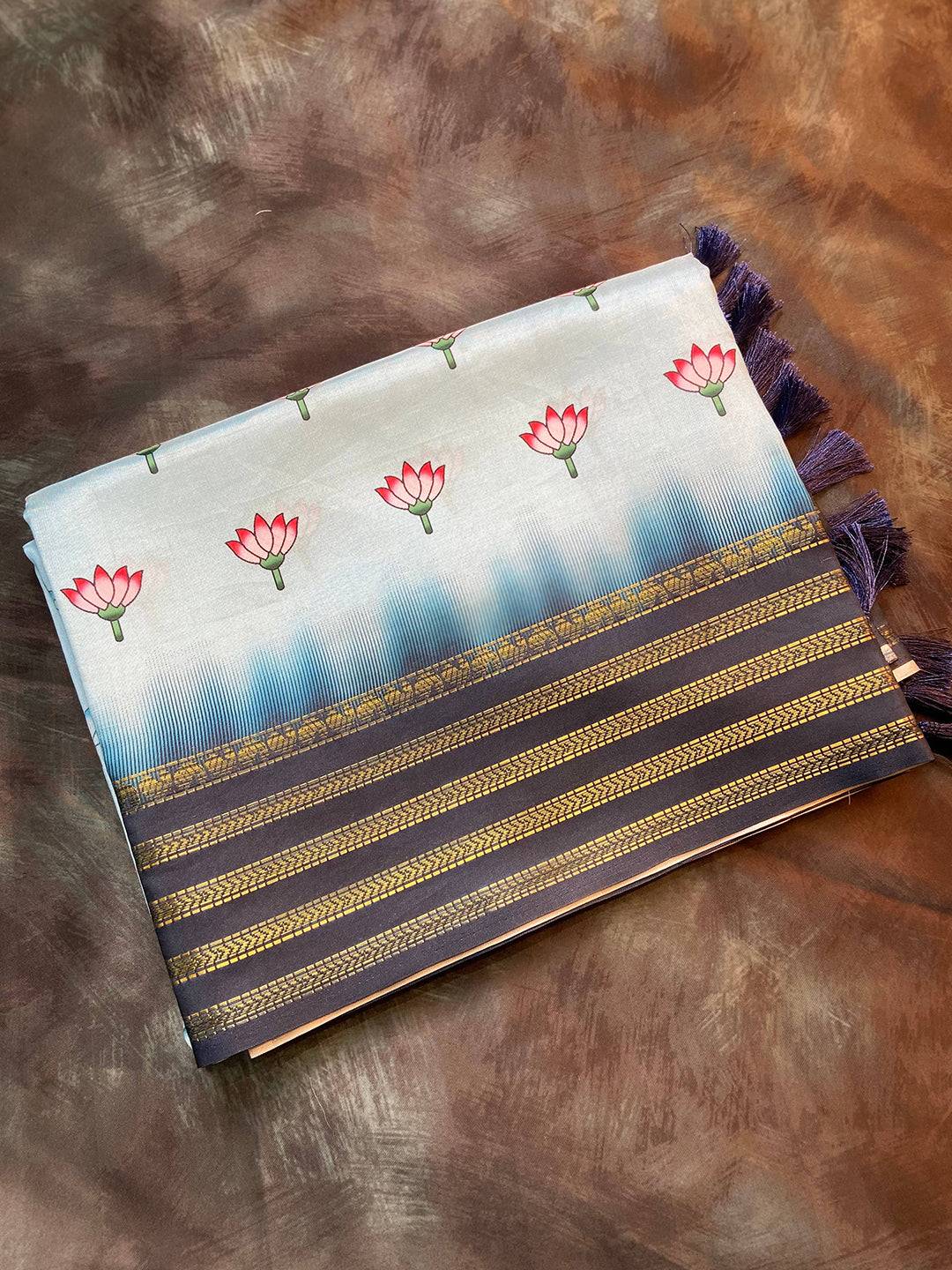 Dark Blue 2 Ton Lotus Print Saree by My Store