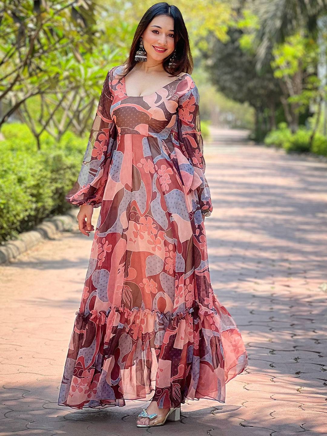 Coffee Brown Abstract Print Dress by My Store