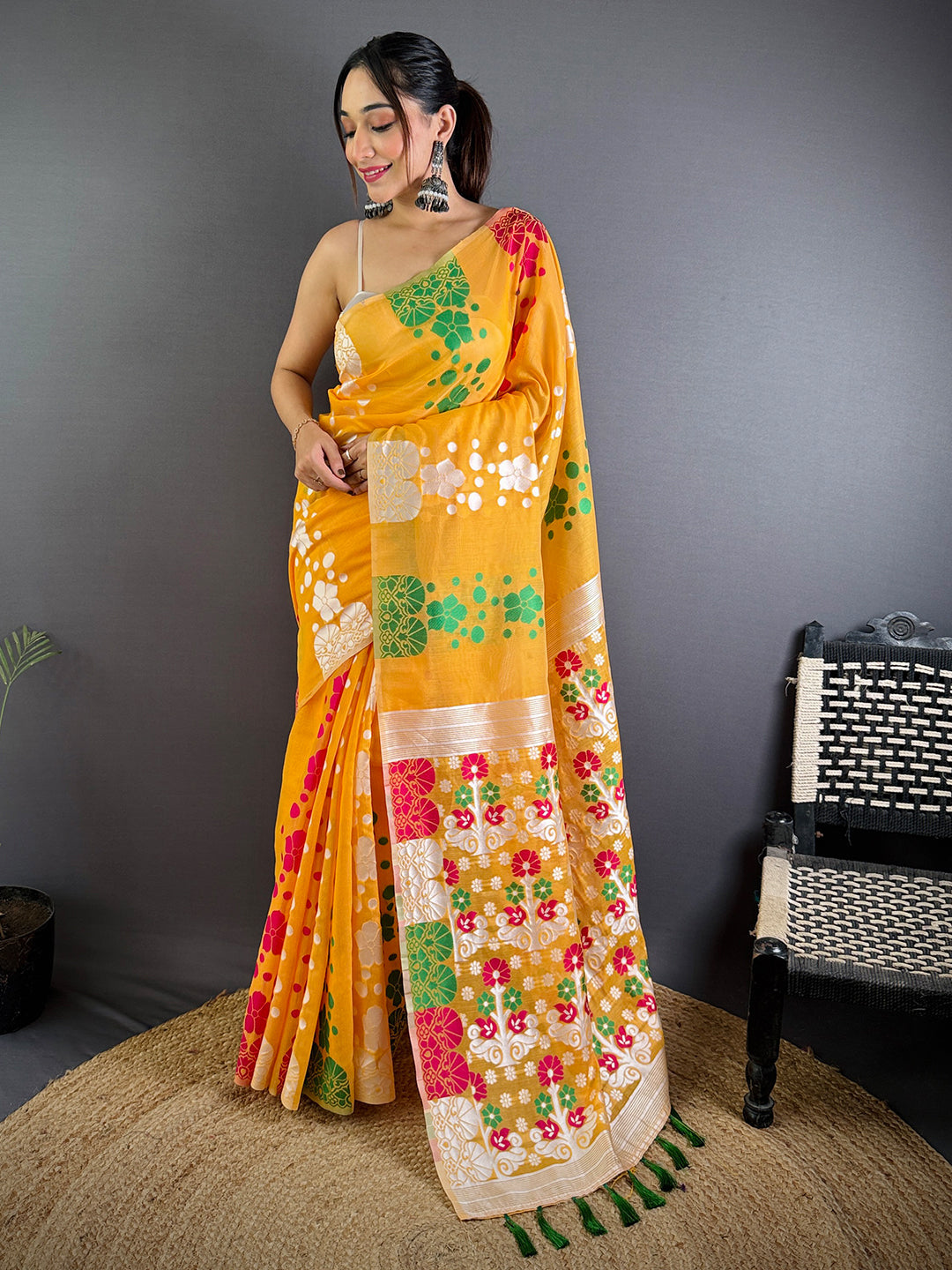 Graceful Yellow Dhakai Jamdani Cotton Silk Saree by My Store