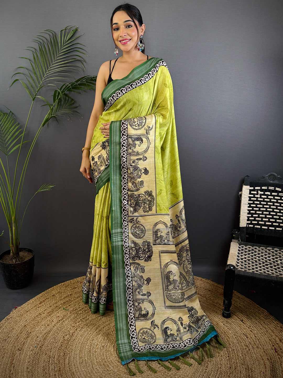 Olive Linen Kalamkari Printed Saree by My Store