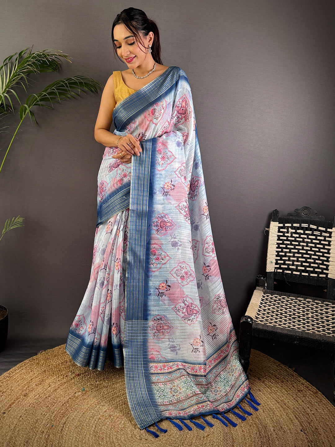 Pastel Blue Linen Digital Printed Saree by My Store