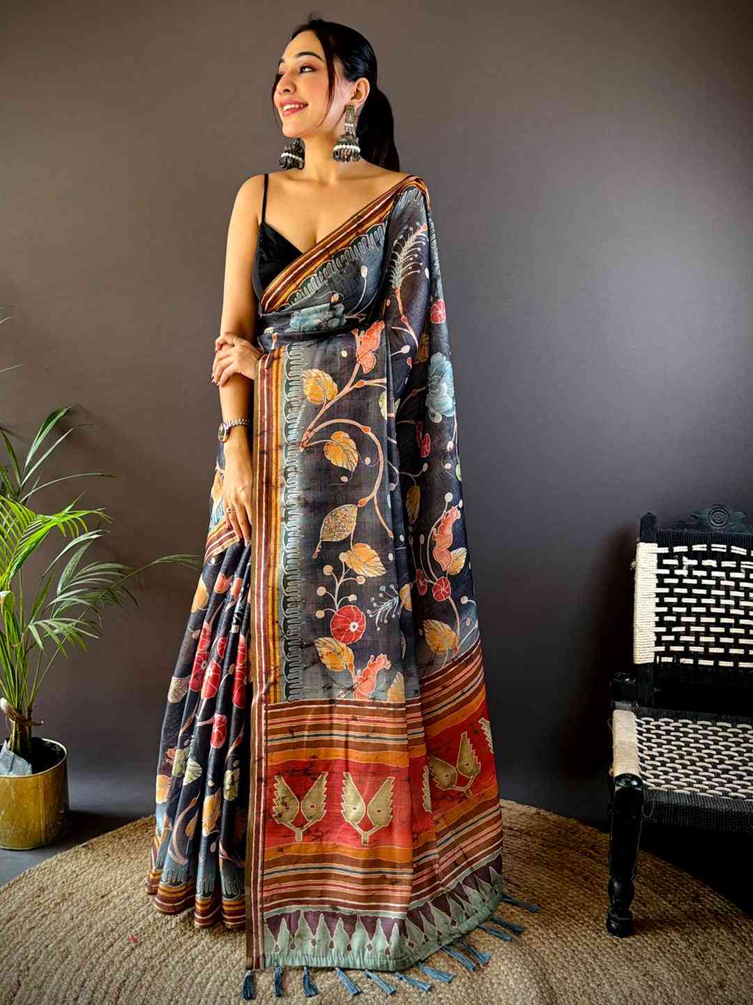 Black Tissue Chanderi Kalamkari Saree