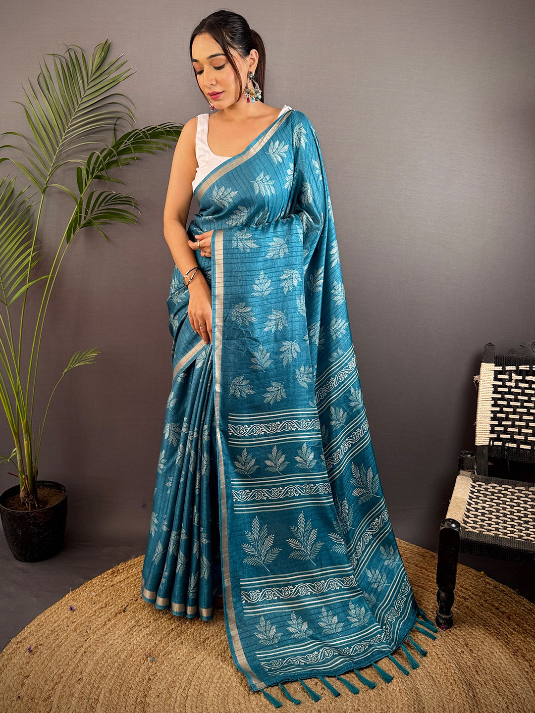 Teal Blue Leaf Print Ghicha Handloom Saree by My Store
