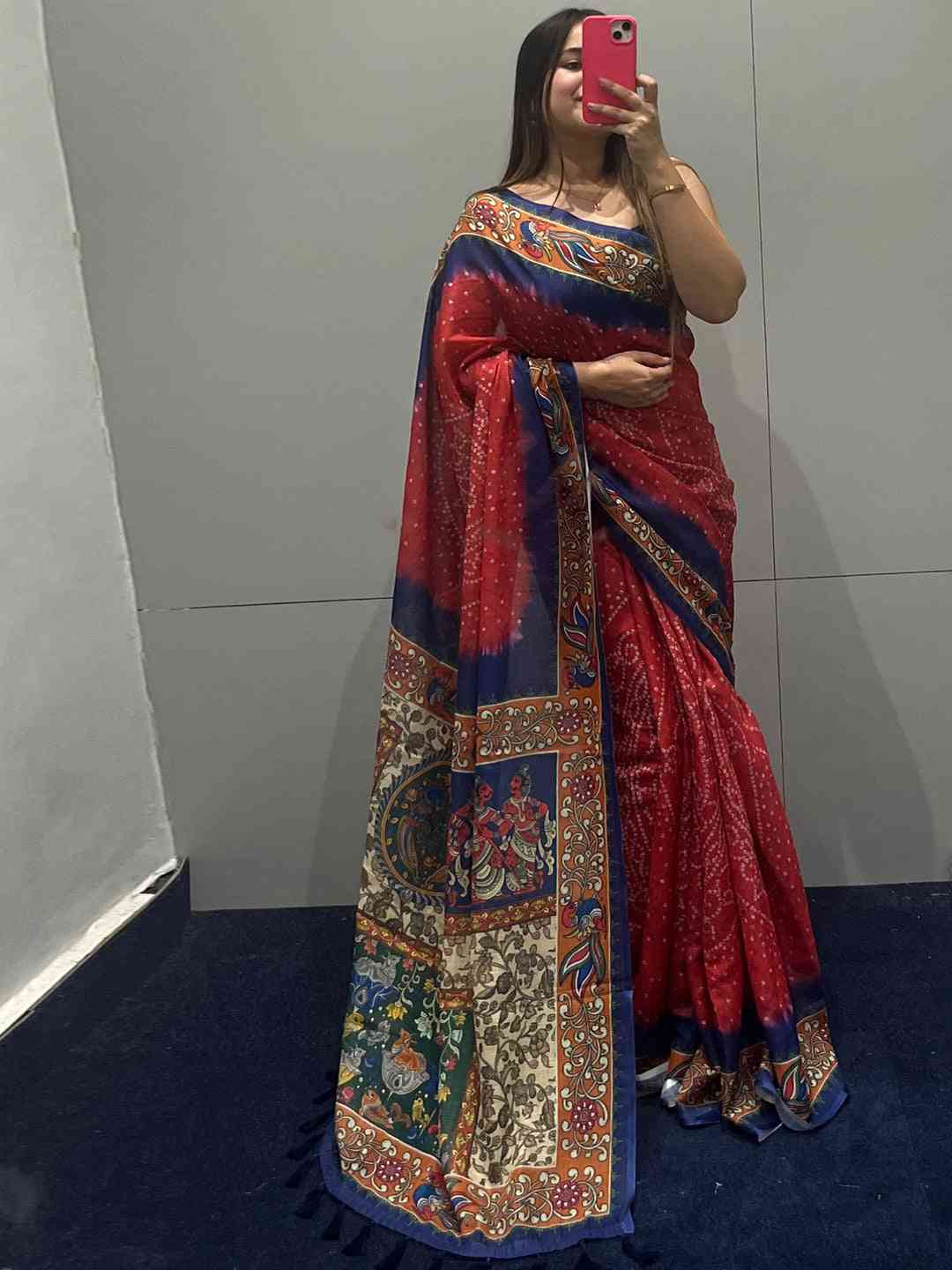 Red Colour Design Linen Saree with Bandhej and kalamkari Digital Print by My Store