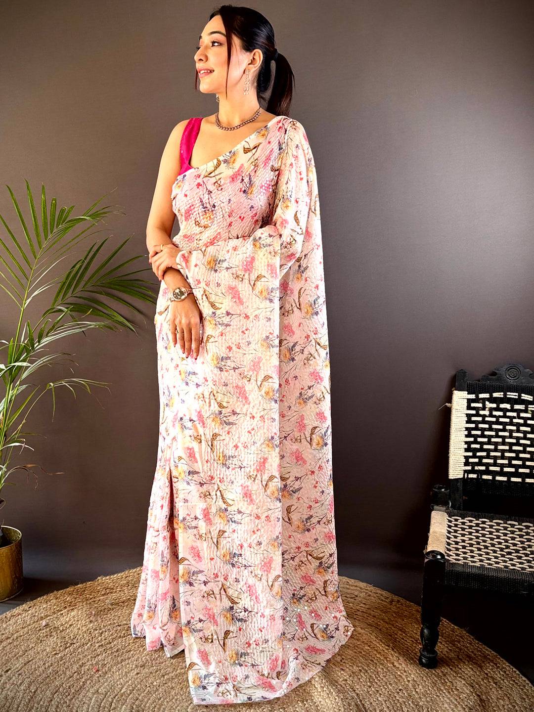 Peach Soft Tebi Silk Sequin Work Saree by My Store